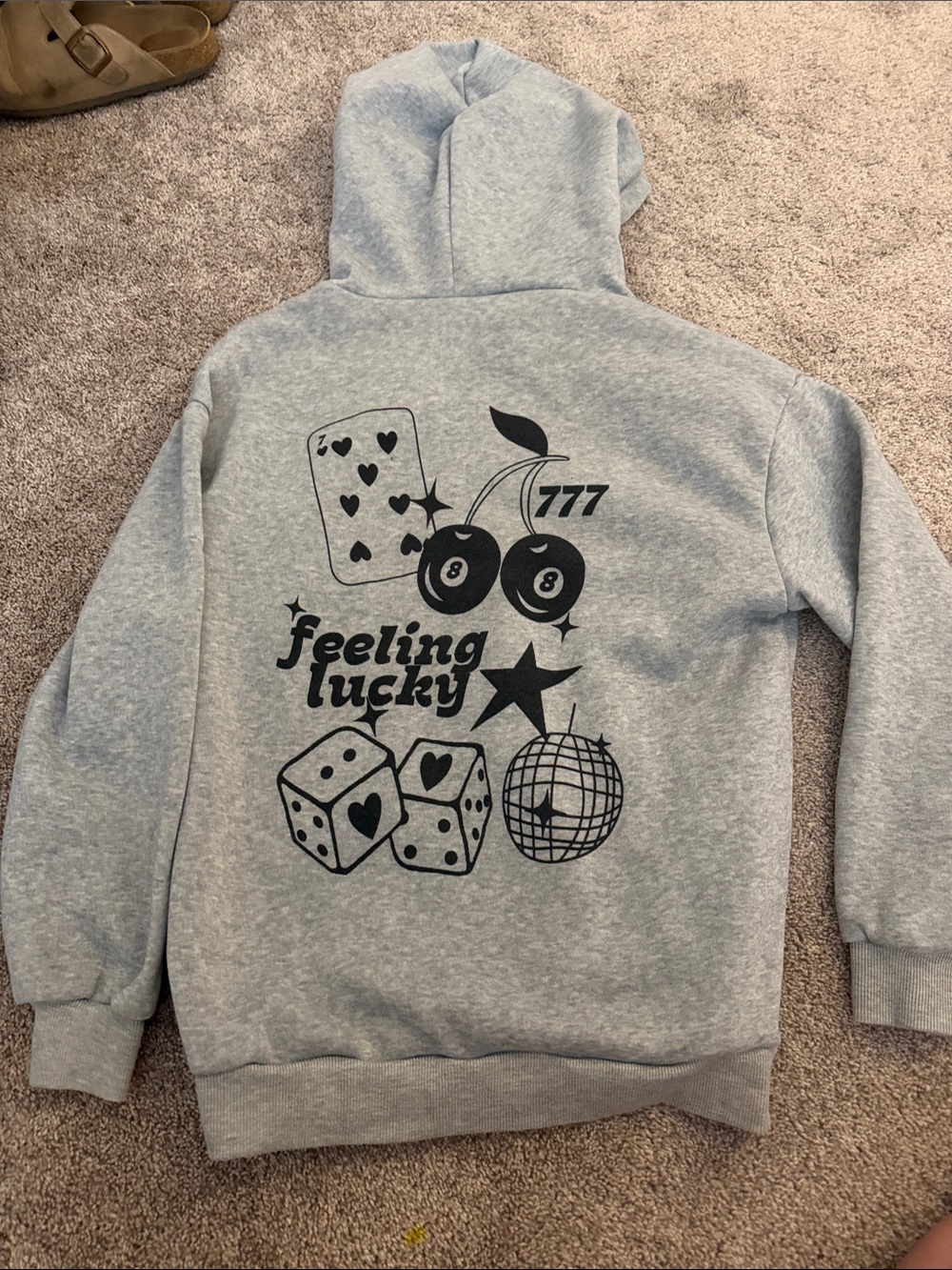 SHEIN Light Gray "Feeling Lucky" Graphic Hoodie